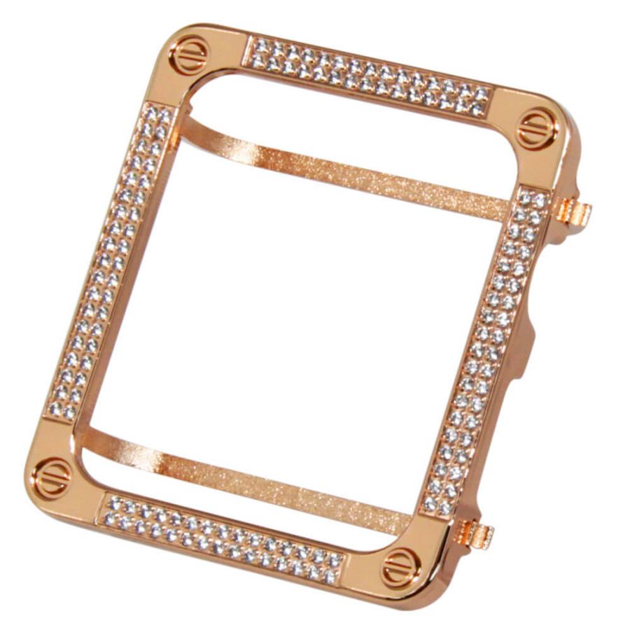 Square rose gold tone metal watch case with neatly diamonds